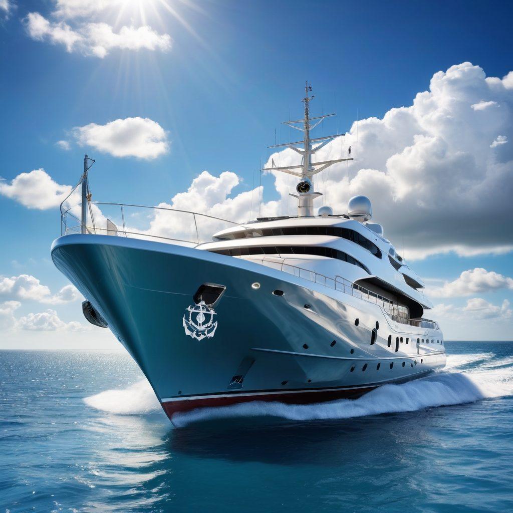 A luxury yacht sailing peacefully on the open sea, with a backdrop of clear blue skies and fluffy white clouds. Illustrate a shield subtly integrated into the yacht's design, representing protection and insurance. In the foreground, include various nautical symbols like an anchor and compass to emphasize the maritime theme. The horizon should feature other yachts, portraying a fleet in harmony. vibrant colors. super-realistic. bright sunlight.