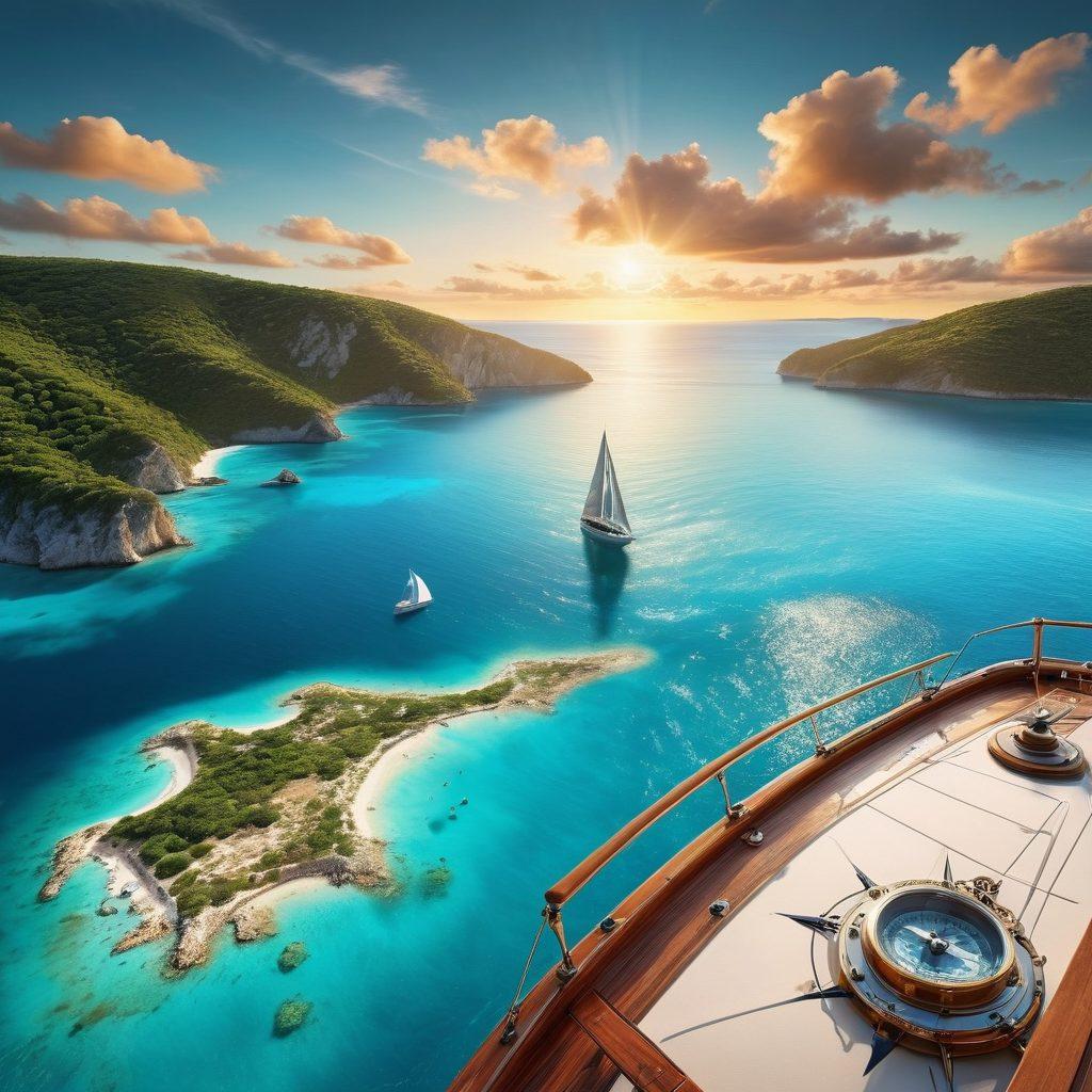 A serene yacht sailing gracefully through crystal-clear turquoise waters, surrounded by a picturesque coastal landscape. In the foreground, a detailed map and compass symbolize navigation and guidance. The sky is bright blue with fluffy white clouds, and a subtle golden sunset casts a warm glow over the scene. The image conveys a sense of adventure and security in maritime exploration. super-realistic. vibrant colors. 3D.