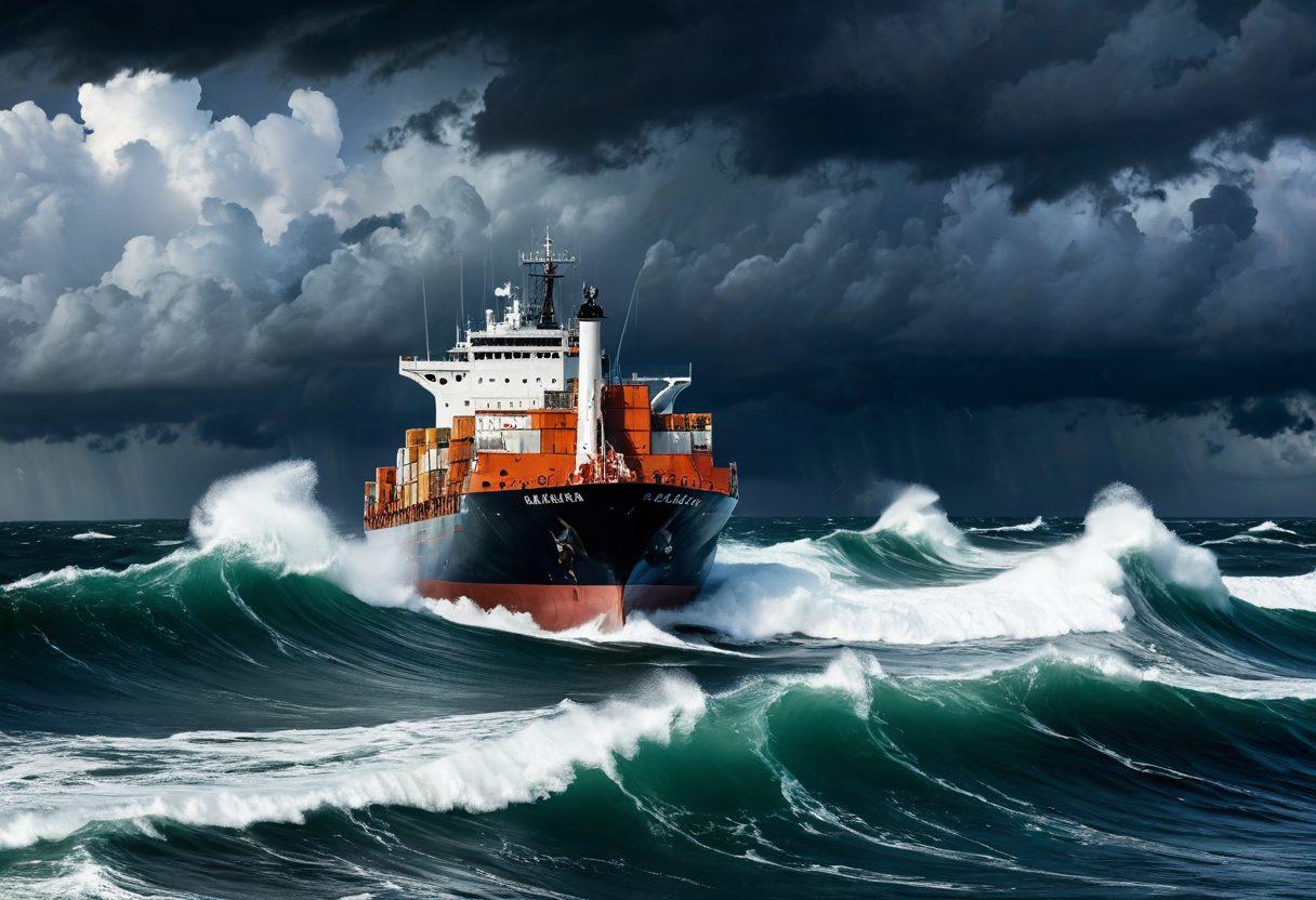 A striking image of a stormy sea with a large cargo ship battling rough waves, illustrating the risks of marine travel. In the foreground, a ship captain is depicted studying a detailed map, highlighting the importance of navigation and planning. Overhead, dark clouds loom, contrasted by a ray of light breaking through, symbolizing hope and security through comprehensive marine insurance. Elements of safety equipment and marine charts can be subtly included in the background. super-realistic. dramatic lighting. vibrant colors.